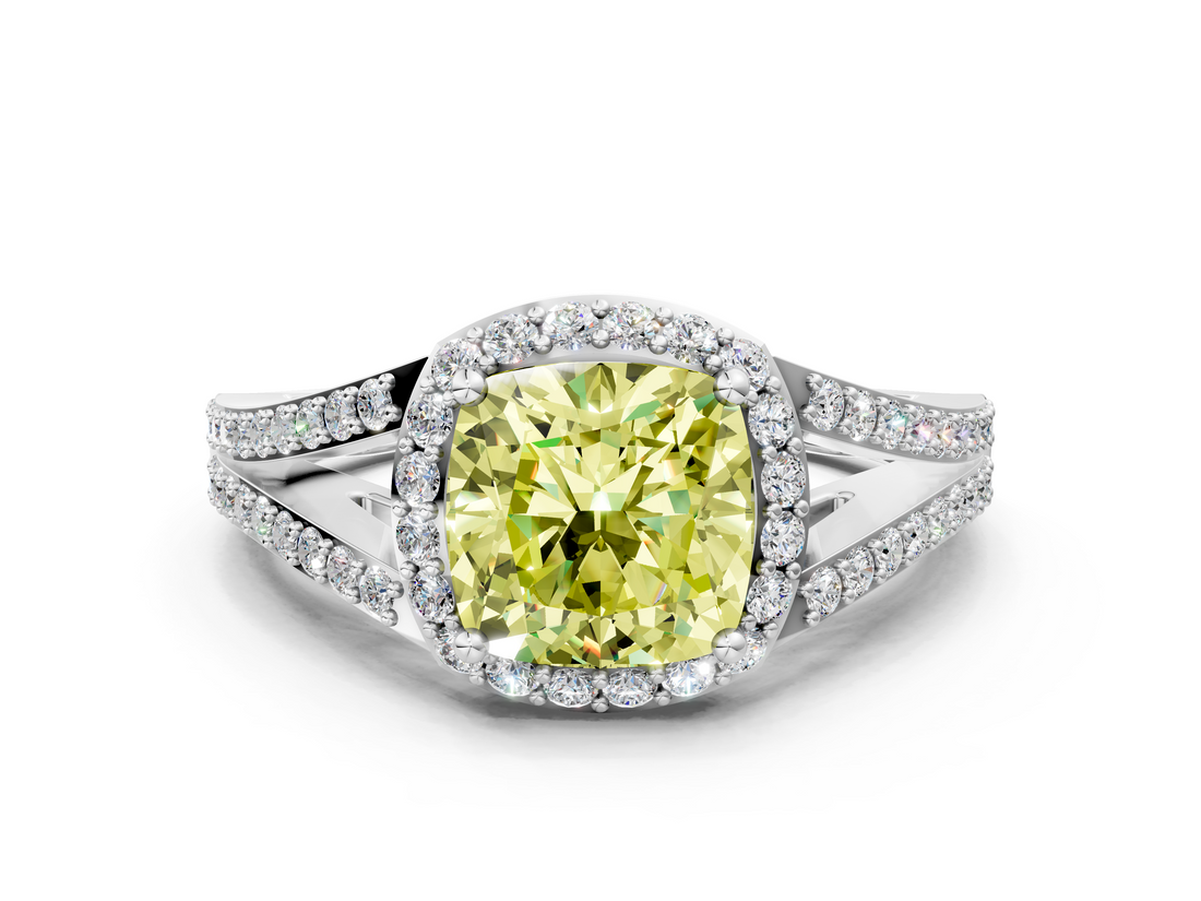 White gold Fancy Yellow Cushion  Halo Split Shank Diamond Ring with Prong Setting_20