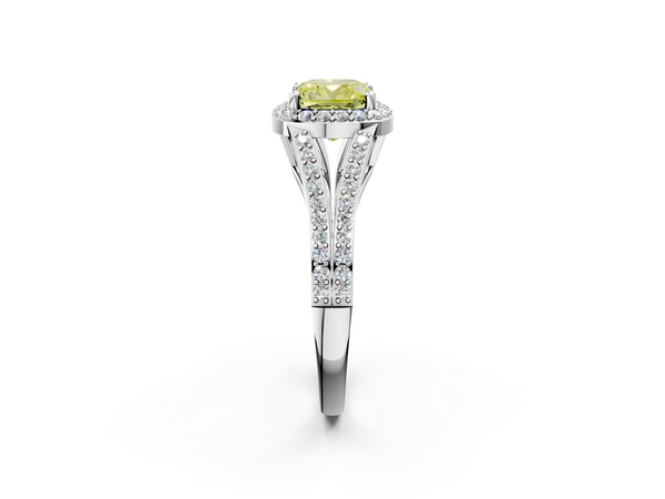 Platinum Fancy Yellow Cushion  Halo Split Shank Diamond Ring with Prong Setting