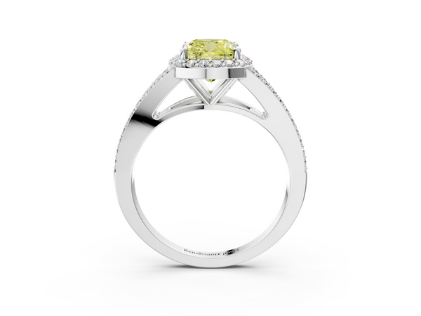 Platinum Fancy Yellow Cushion  Halo Split Shank Diamond Ring with Prong Setting