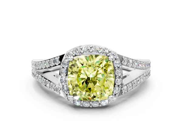 Platinum Fancy Yellow Cushion  Halo Split Shank Pave Diamond Ring with Four-Prong Setting