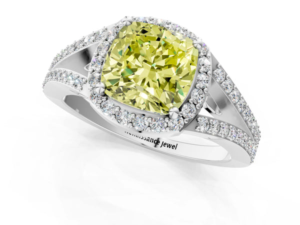 Platinum Fancy Yellow Cushion  Halo Split Shank Pave Diamond Ring with Four-Prong Setting