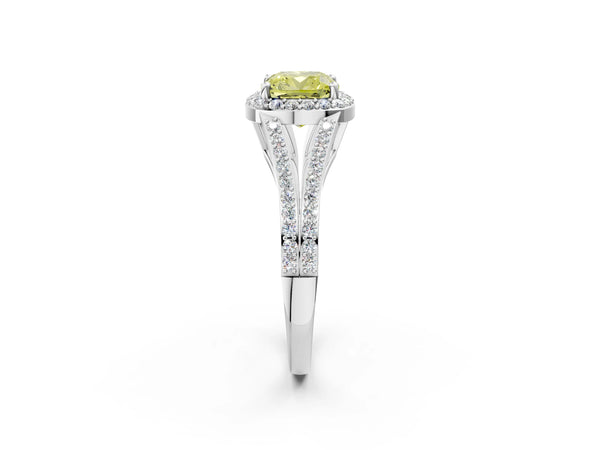Platinum Fancy Yellow Cushion  Halo Split Shank Pave Diamond Ring with Four-Prong Setting