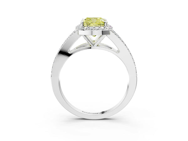 Platinum Fancy Yellow Cushion  Halo Split Shank Pave Diamond Ring with Four-Prong Setting