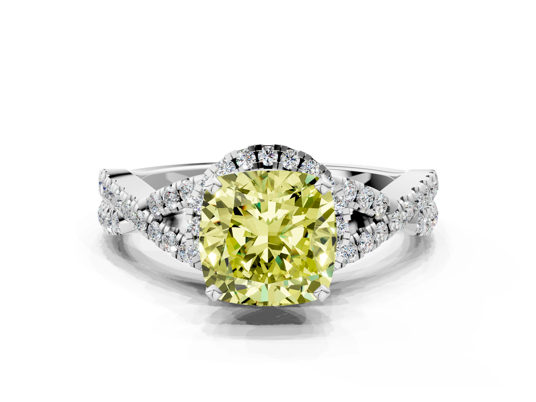 White gold Fancy Yellow Cushion  Halo Twist Band Solitaire Prong Setting Ring_131