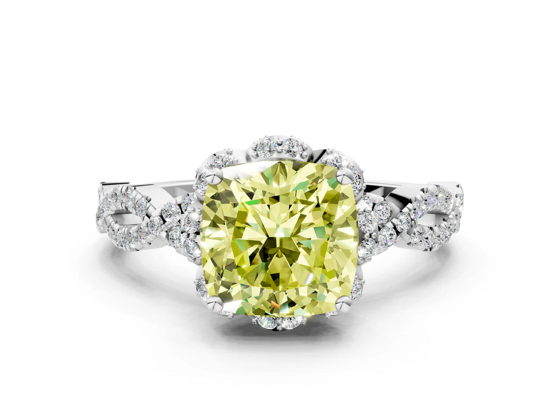 White gold Fancy Yellow Cushion  Halo Twist Band Solitaire Ring with Six-Prong Setting_31