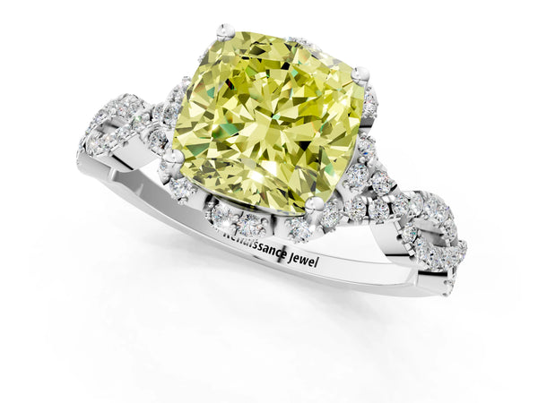Platinum Fancy Yellow Cushion  Halo Twist Band Solitaire Ring with Six-Prong Setting