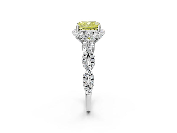 Platinum Fancy Yellow Cushion  Halo Twist Band Solitaire Ring with Six-Prong Setting