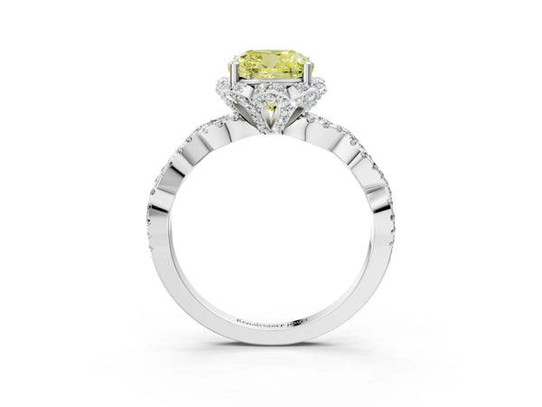Platinum Fancy Yellow Cushion  Halo Twist Band Solitaire Ring with Six-Prong Setting
