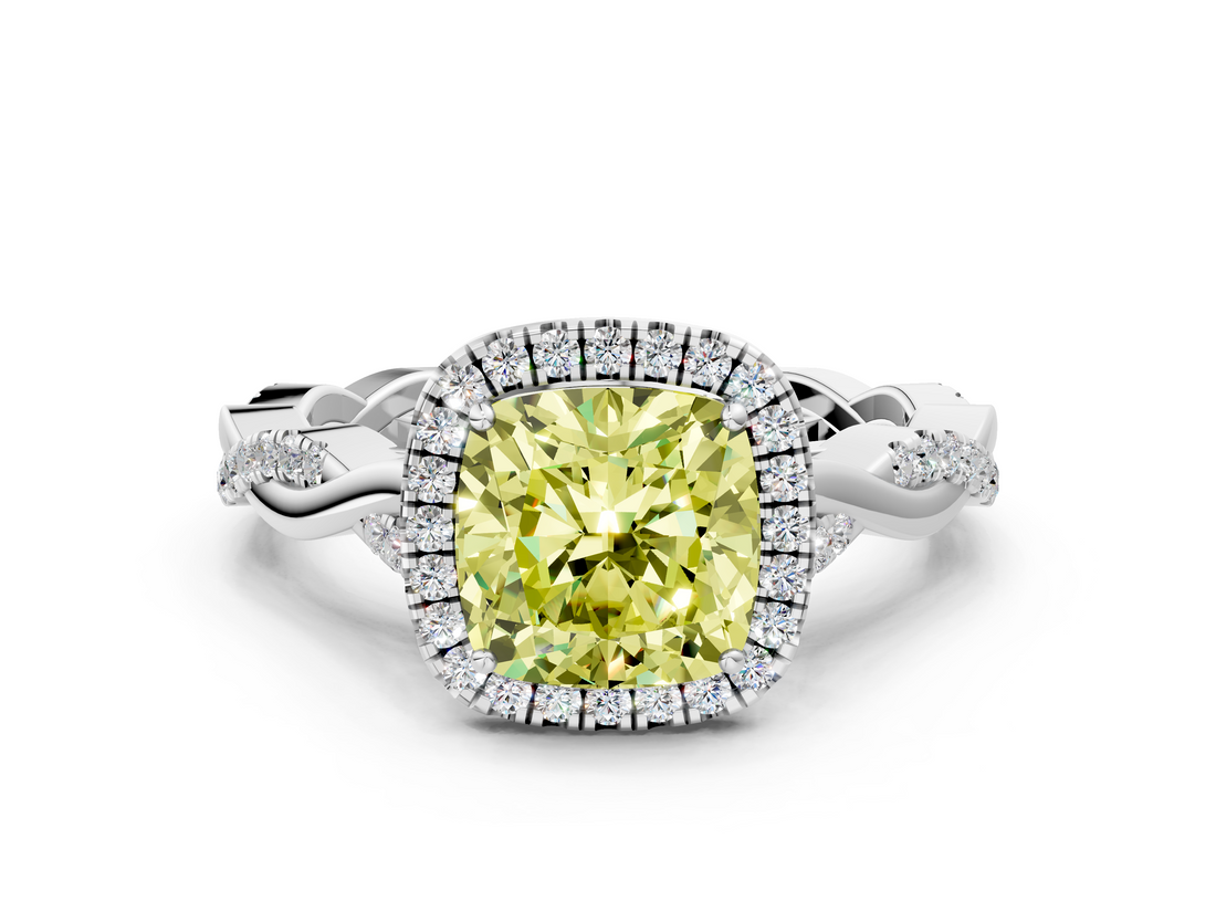 White gold Fancy Yellow Cushion  Halo Twist Band Solitaire Ring_20