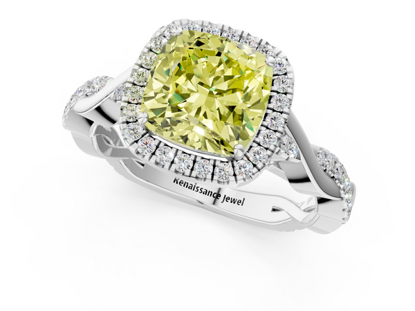 White gold Fancy Yellow Cushion  Halo Twist Band Solitaire Ring