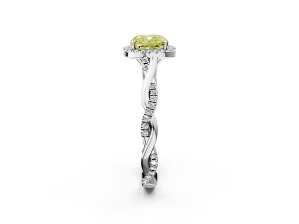 White gold Fancy Yellow Cushion  Halo Twist Band Solitaire Ring