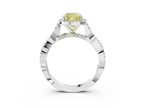White gold Fancy Yellow Cushion  Halo Twist Band Solitaire Ring