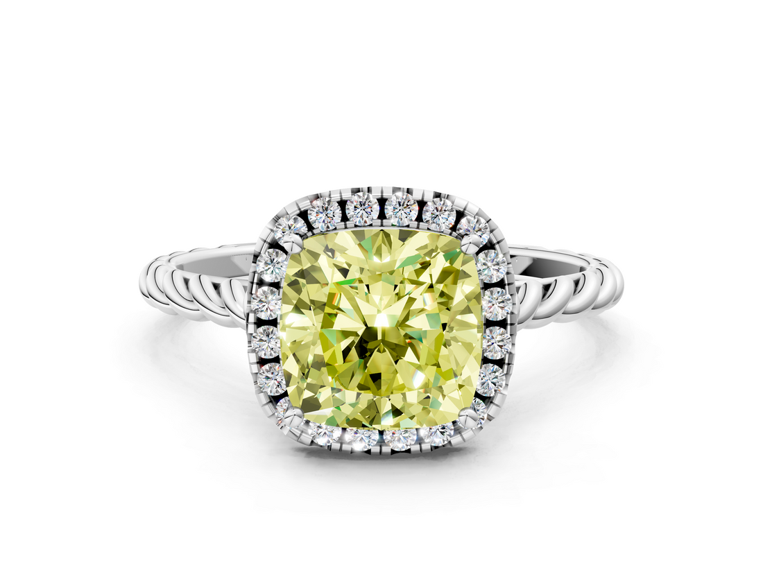 White gold Fancy Yellow Cushion  Halo Twisted Band Four-Prong Diamond Ring_20