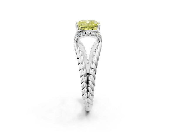 White gold Fancy Yellow Cushion  Halo Twisted Band Four-Prong Ring