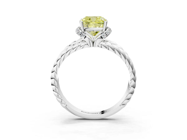 White gold Fancy Yellow Cushion  Halo Twisted Band Four-Prong Ring