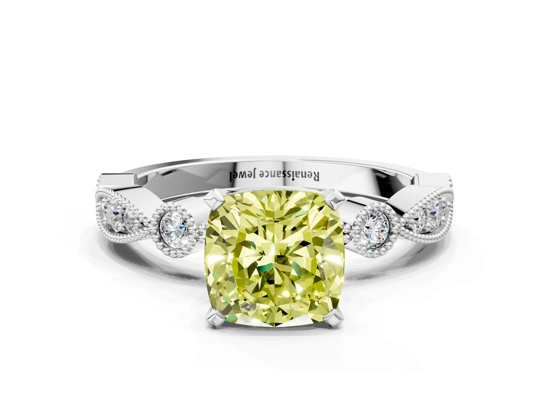 White gold Fancy Yellow Cushion  Milgrain Bezel Diamond Engagement Ring with Solitaire Prong Setting_189
