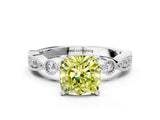 White gold Fancy Yellow Cushion  Milgrain Bezel Diamond Engagement Ring with Solitaire Prong Setting_189