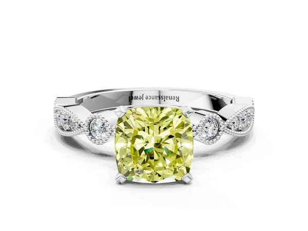 White gold Fancy Yellow Cushion  Milgrain Bezel Diamond Engagement Ring with Solitaire Prong Setting