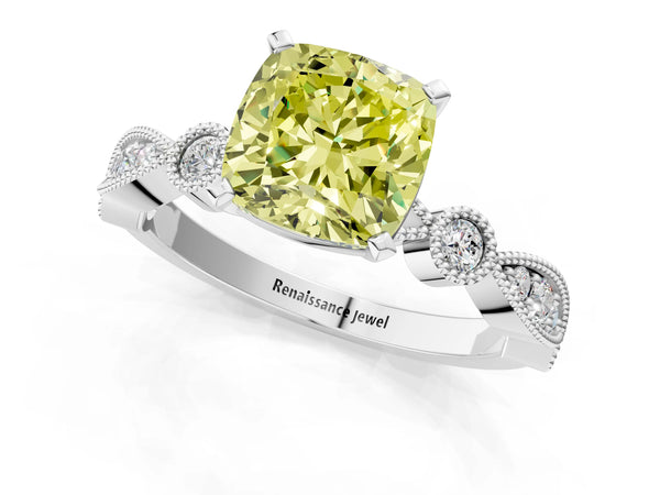 White gold Fancy Yellow Cushion  Milgrain Bezel Diamond Engagement Ring with Solitaire Prong Setting