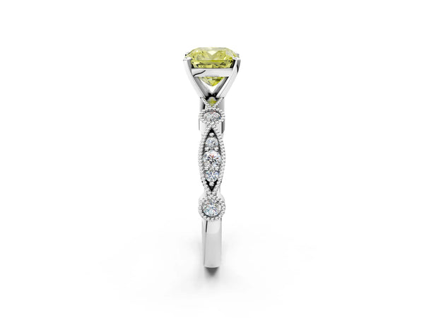 White gold Fancy Yellow Cushion  Milgrain Bezel Diamond Engagement Ring with Solitaire Prong Setting