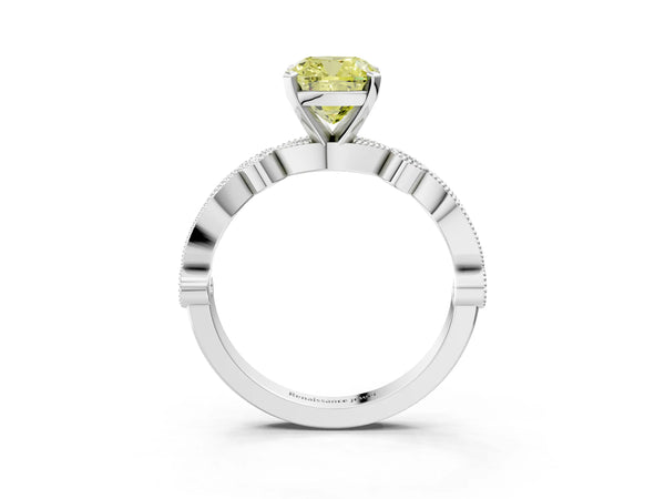White gold Fancy Yellow Cushion  Milgrain Bezel Diamond Engagement Ring with Solitaire Prong Setting