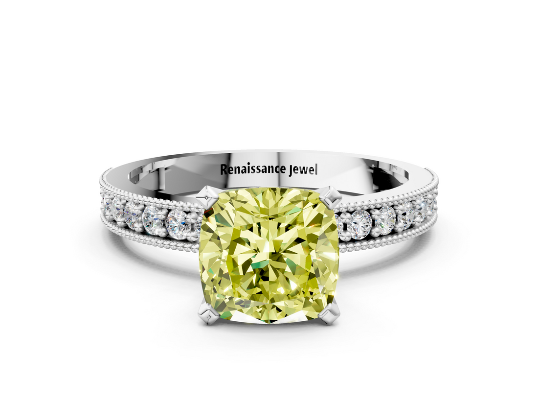 White gold Fancy Yellow Cushion  Milgrain Pave Diamond Engagement Ring with Four-Prong Setting_135