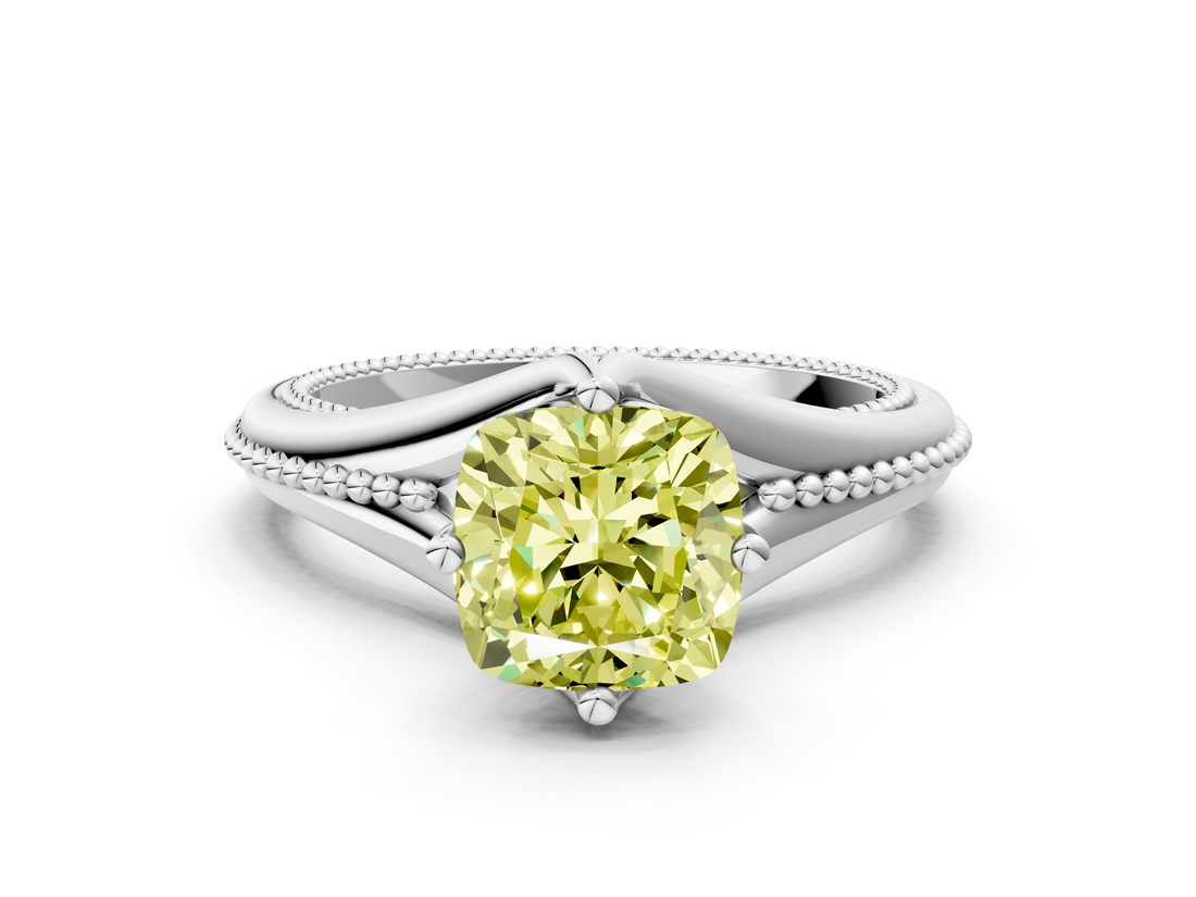White gold Fancy Yellow Cushion  Solitaire Beaded Band Six-Prong Setting