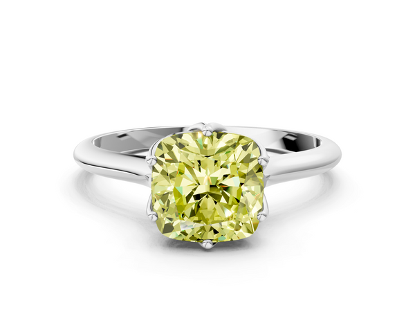 White gold Fancy Yellow Cushion  Solitaire Cathedral Diamond Ring with Six-Prong Setting