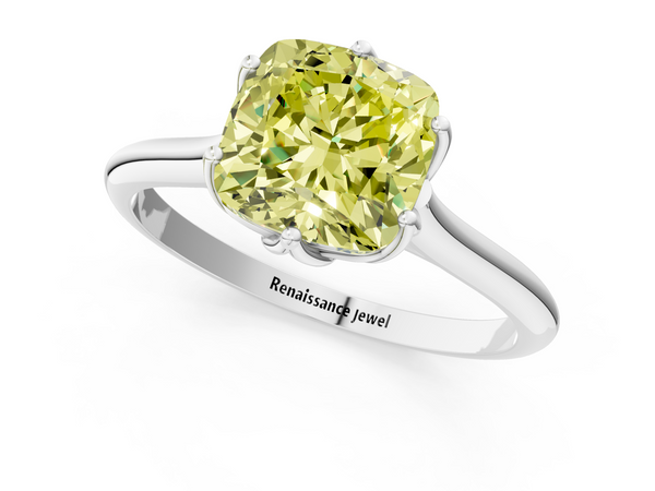 White gold Fancy Yellow Cushion  Solitaire Cathedral Diamond Ring with Six-Prong Setting