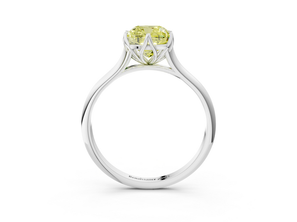 White gold Fancy Yellow Cushion  Solitaire Cathedral Diamond Ring with Six-Prong Setting