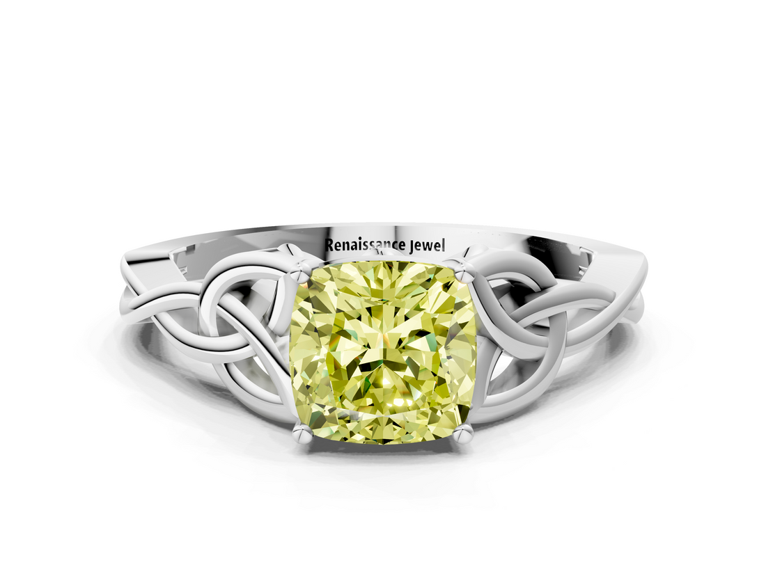 White gold Fancy Yellow Cushion  Solitaire Celtic Knot Engagement Ring with Four-Prong Setting_73