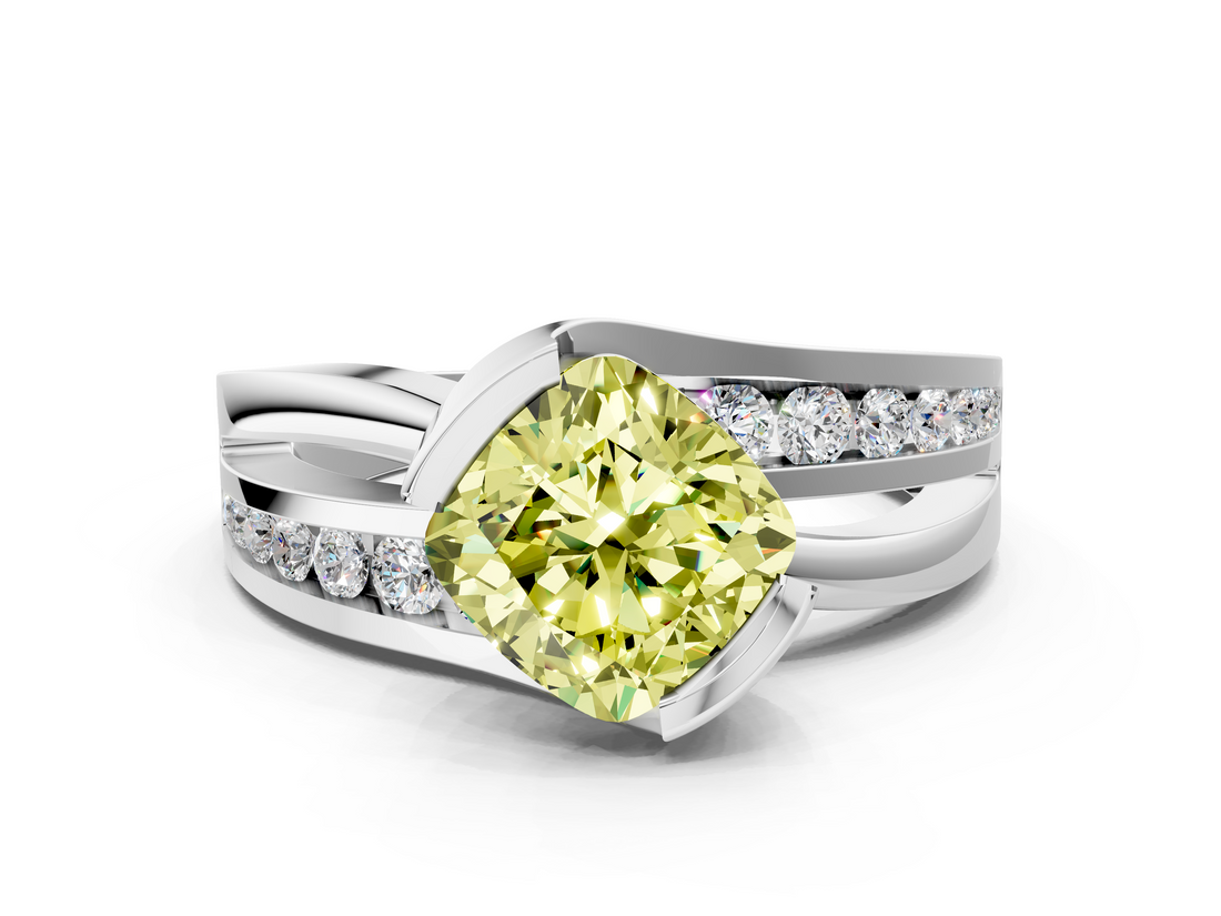 White gold Fancy Yellow Cushion  Solitaire Channel-Set Split Shank Ring with Tension Prong Setting_3
