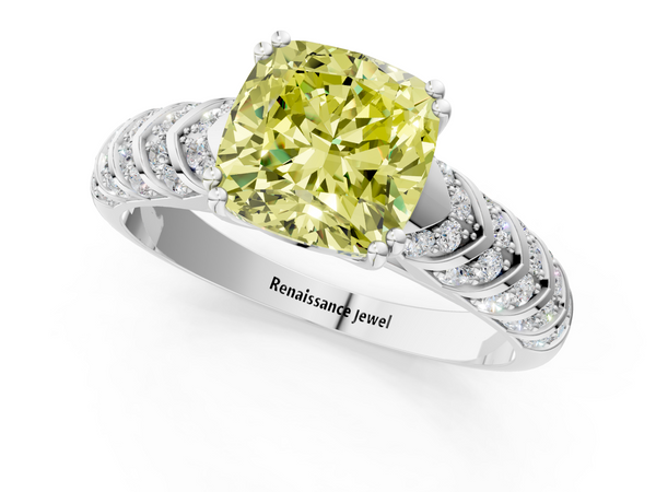 White gold Fancy Yellow Cushion  Solitaire Chevron Pave Diamond Engagement Ring with Six-Prong Setting