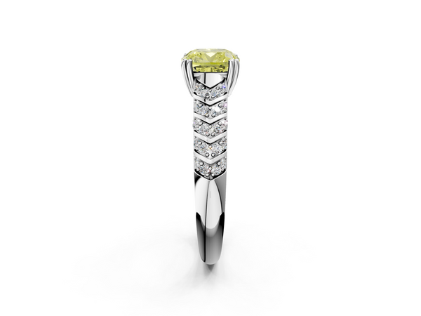 White gold Fancy Yellow Cushion  Solitaire Chevron Pave Diamond Engagement Ring with Six-Prong Setting