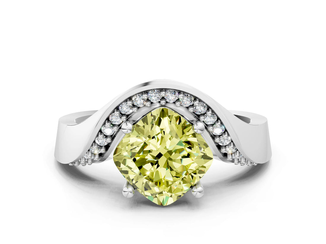 White gold Fancy Yellow Cushion  Solitaire Diamond Engagement Ring with Pave Band and Four-Prong Setting_38
