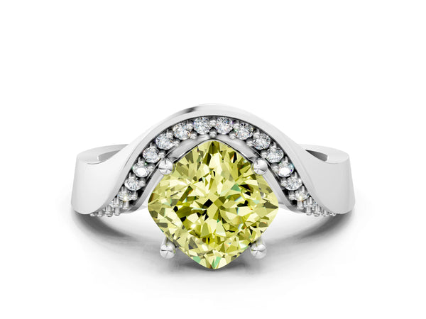 White gold Fancy Yellow Cushion  Solitaire Diamond Engagement Ring with Pave Band and Four-Prong Setting