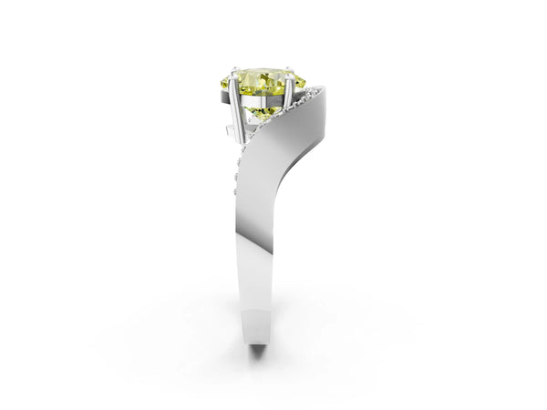 White gold Fancy Yellow Cushion  Solitaire Diamond Engagement Ring with Pave Band and Four-Prong Setting