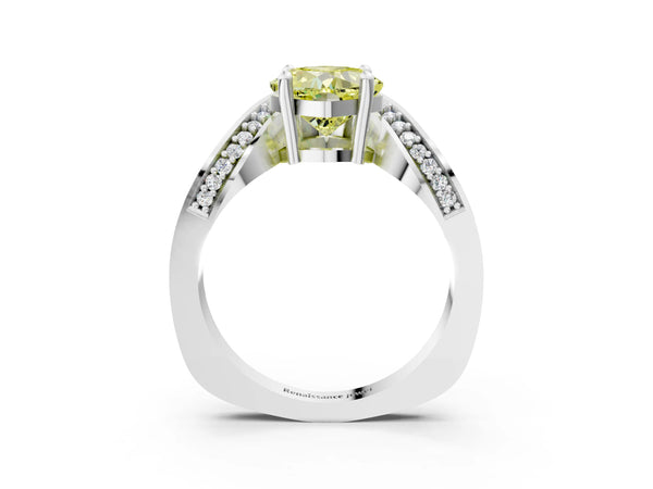 White gold Fancy Yellow Cushion  Solitaire Diamond Engagement Ring with Pave Band and Four-Prong Setting