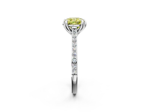 Platinum Fancy Yellow Cushion  Solitaire Diamond Engagement Ring with Pave Band and Six-Prong Setting