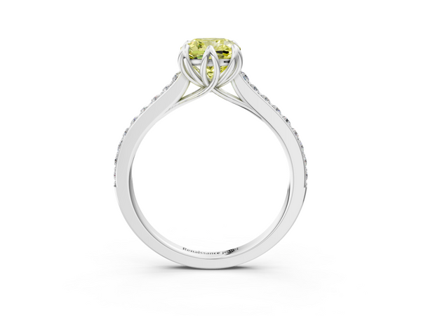 Platinum Fancy Yellow Cushion  Solitaire Diamond Engagement Ring with Pave Band and Six-Prong Setting
