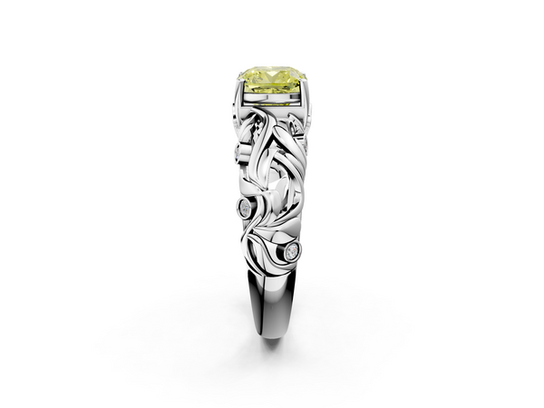 Platinum Fancy Yellow Cushion Cut Solitaire Diamond Leaf-Inspired Vine Band Ring with Prong Setting