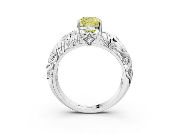 Platinum Fancy Yellow Cushion Cut Solitaire Diamond Leaf-Inspired Vine Band Ring with Prong Setting