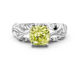 White gold Fancy Yellow Cushion  Solitaire Diamond Leaf Vine Band with Prong Setting_41