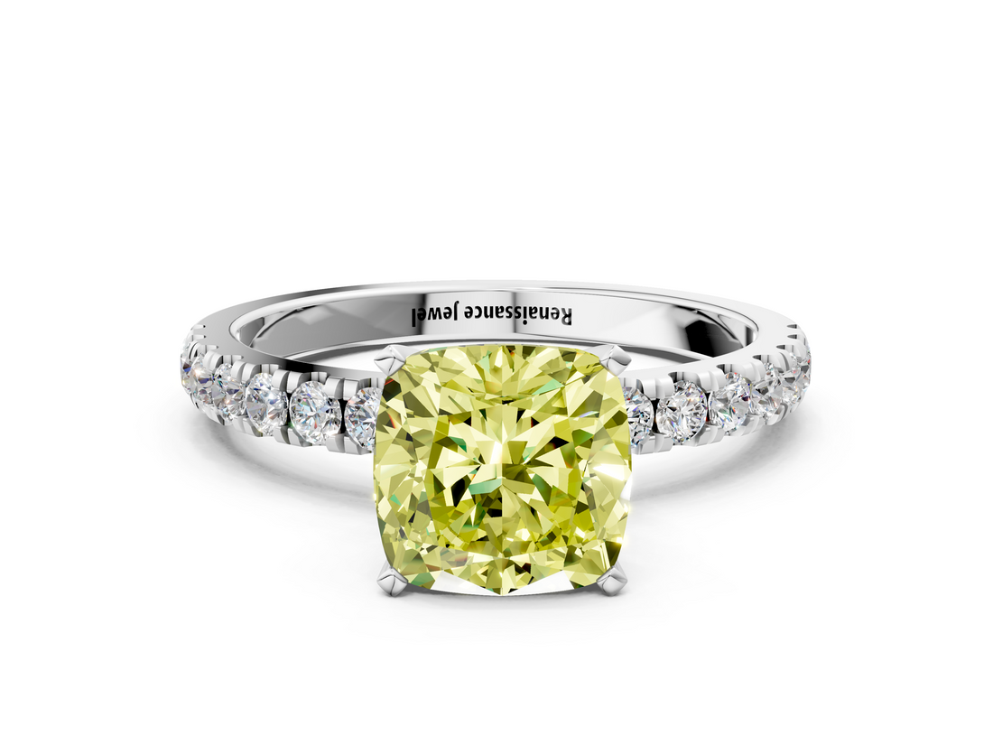 White gold Fancy Yellow Cushion  Solitaire Diamond Pavé Band with Four-Prong Setting_42