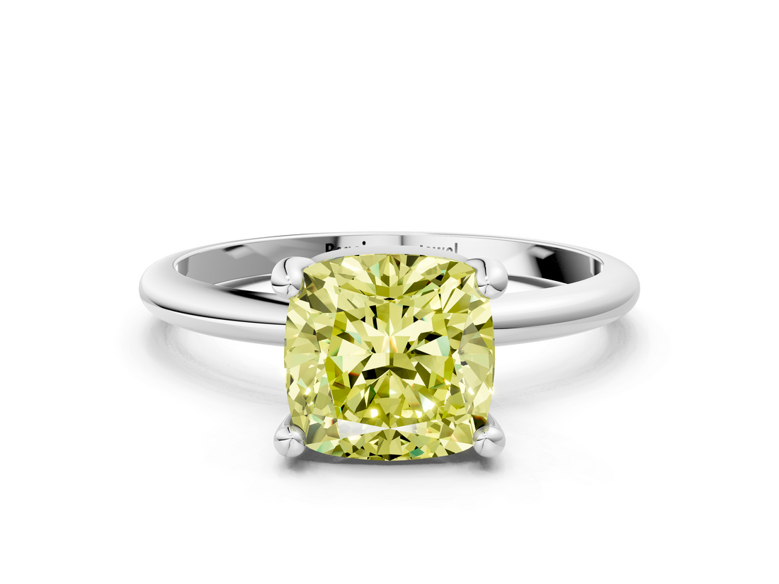 White gold Fancy Yellow Cushion  Solitaire Diamond Ring with 4-Prong Setting on a Classic Band_3
