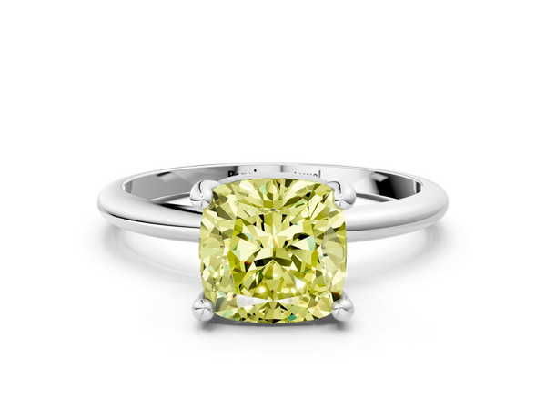 Platinum Fancy Yellow Cushion  Solitaire Diamond Ring with 4-Prong Setting on a Classic Band