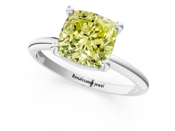 Platinum Fancy Yellow Cushion  Solitaire Diamond Ring with 4-Prong Setting on a Classic Band