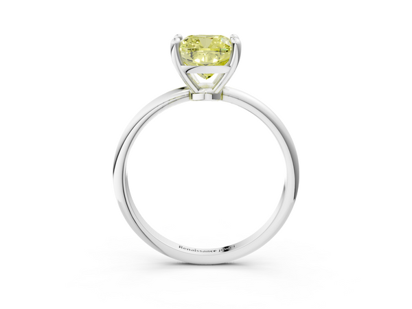 Platinum Fancy Yellow Cushion  Solitaire Diamond Ring with 4-Prong Setting on a Classic Band