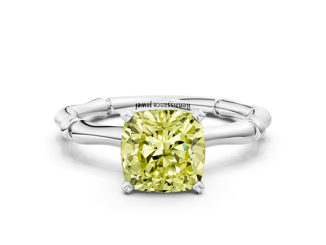 White gold Fancy Yellow Cushion  Solitaire Diamond Ring with Bamboo Band and Four-Prong Setting_68