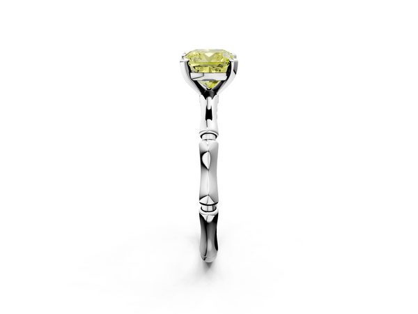Platinum Fancy Yellow Cushion  Solitaire Diamond Ring with Bamboo Band and Four-Prong Setting